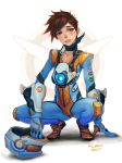  1girl alternate_costume arm_support biker_clothes bikesuit blush bodysuit brown_hair headwear_removed helmet helmet_removed highres khantian looking_at_viewer mach_t_(overwatch) overwatch solo spiky_hair squatting tracer_(overwatch) 