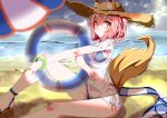  1girl absurdres animal_ears bikini blush breasts clouds fate/extra fate/grand_order fate_(series) fox_ears fox_tail gatari groin groin_tendon hair_between_eyes hat highres innertube looking_at_viewer navel ocean pink_hair platform_footwear sand seashell shell short_hair side-tie_bikini solo straw_hat swimsuit swimsuit_under_clothes tail tamamo_(fate)_(all) tamamo_no_mae_(swimsuit_lancer)_(fate) thighs yellow_eyes 