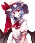 1girl ascot bat_wings blue_hair brooch frilled_shirt_collar frills hat hat_ribbon highres jewelry kinona looking_at_viewer mob_cap puffy_short_sleeves puffy_sleeves red_eyes red_ribbon remilia_scarlet ribbon sash shirt short_hair short_sleeves sketch skirt skirt_set solo touhou upper_body white_shirt wings 