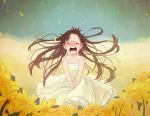  1girl bare_shoulders between_legs blush brown_hair crying day dress flower hand_between_legs long_hair monotsuki nose_blush open_mouth original outdoors petals sad sobbing solo sundress very_long_hair white_dress wind 