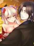  1boy 1girl black_bow blush bow breasts brown_eyes brown_hair cleavage collarbone crossover drifters eyebrows_visible_through_hair eyeshadow fate/grand_order fate_(series) floral_print gradient gradient_background hair_between_eyes hair_bow hair_ornament hand_on_another&#039;s_chest hand_on_own_cheek head_tilt highres hijikata_toshizou_(drifters) kanzashi koha-ace leaf looking_at_viewer looking_back makeup maple_leaf medium_breasts mia_(gute-nacht-07) off_shoulder sakura_saber short_hair silhouette yellow_eyes 