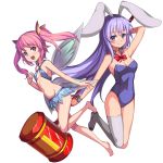  2girls animal_ears armpits arms_up artist_request bare_shoulders barefoot bikini_top breasts bunnysuit cleavage detached_collar erina_(rabi-ribi) fairy fairy_wings highres leotard long_hair mallet miniskirt multiple_girls navel official_art open_mouth pink_eyes pink_hair pointy_ears purple_hair rabbit_ears rabi-ribi ribbon ribbon_(rabi-ribi) shoes single_thighhigh skirt small_breasts smile thigh-highs transparent_background twintails very_long_hair violet_eyes white_legwear wings wrist_cuffs 