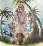  1girl alola_form alolan_exeggutor alternate_color bewear blonde_hair cleffa closed_eyes grass komala lillie_(pokemon) lillipup long_hair open_mouth pokemon pokemon_(creature) pokemon_(game) pokemon_sm ponytail shiny_pokemon shirt short_sleeves shorts sky togetic umbrella unown white_shirt yuyuyugoonn 