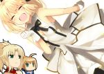 3girls :d ^_^ ahoge bangs bare_shoulders black_ribbon blonde_hair blush breasts chibi chibi_inset closed_eyes detached_collar dress dutch_angle eyebrows_visible_through_hair facing_viewer fate/apocrypha fate/grand_order fate/stay_night fate/unlimited_codes fate_(series) gloves green_eyes hand_up jitome looking_at_another medium_breasts multiple_girls open_mouth parted_lips ponytail ribbon saber saber_lily saber_of_red shiime simple_background smile solo_focus white_background white_dress white_gloves 
