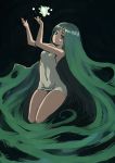 1girl absurdly_long_hair barefoot big_hair breasts brown_eyes covered_navel dress firefly full_body green_hair highres johan_(johan13) legs_together long_hair original short_dress small_breasts solo very_long_hair white_dress 