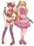  2girls airbrush azuma_kiyohiko blonde_hair blue_eyes boots bow brown_eyes buttons cleavage_cutout contrapposto crop_top dress fingerless_gloves garters gloves glue_gun hand_on_hip legs_crossed midriff multiple_girls official_art pigeon-toed pink_gloves purple_hair purple_legwear reset_(wonder_festival) short_hair short_shorts shorts simple_background socks striped striped_legwear thigh-highs thigh_strap twintails v wanda_(wonder_festival) white_background wonder_festival wonder_festival_mascots 