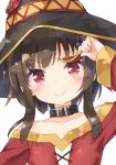  &gt;:) 1girl bangs black_hair blush circle_cut collar commentary_request eyepatch eyepatch_lift hat kono_subarashii_sekai_ni_shukufuku_wo! long_sleeves looking_at_viewer megumin peko red_eyes short_hair sidelocks solo upper_body witch_hat 