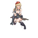  1girl artist_request asymmetrical_legwear beret blonde_hair blue_eyes braid breast_hold breasts cleavage embarrassed fingerless_gloves garter_straps girls_frontline gloves gun hat large_breasts long_hair looking_at_viewer machine_gun mg3 mg3_(girls_frontline) official_art pleated_skirt shirt single_thighhigh skirt solo thigh-highs torn_clothes torn_shirt torn_skirt transparent_background trigger_discipline weapon 