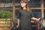  1girl bangs bicycle bicycle_basket black_shirt brown_eyes brown_hair commentary_request copyright_request glasses ground_vehicle highres lipstick long_hair looking_to_the_side makeup plant round_glasses shirt short_sleeves solo t-shirt wooden_box yohan1754 