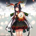  1girl antlers artist_name black_dress black_hair blue_eyes bow character_request christmas christmas_costume copyright_name costume deer dress gloves horns jit kaizin_rumble long_hair official_art open_mouth short_dress snow_globe solo star text 