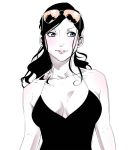 1girl bare_shoulders black_dress black_hair blue_eyes breasts breasts_apart collarbone dress lips looking_to_the_side medium_breasts nico_robin one_piece pale_skin parted_lips simple_background smile solo sungi sunglasses sunglasses_on_head upper_body white_background 