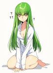  1girl ? breasts c.c. cleavage code_geass commentary_request creayus green_hair long_hair looking_at_viewer seiza sitting solo sweatdrop twitter_username yellow_eyes 