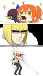  1girl 2boys 3koma ahoge armor berserker_(fate/zero) blonde_hair comic fate/grand_order fate/zero fate_(series) food fujimaru_ritsuka_(female) fur_trim hair_between_eyes hair_ornament hair_scrunchie jumping kana mouth_hold multiple_boys open_mouth orange_hair pocky riyo_(lyomsnpmp)_(style) sakata_kintoki_(fate/grand_order) scrunchie short_hair side_ponytail sparkle sunglasses sweatdrop twitter_username yellow_eyes 