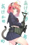  1girl absurdres acog ahoge akeome animal animal_ears animal_on_head assault_rifle bangs black_serafuku black_skirt blush bob_cut cat_ears cat_tail chick_on_head closed_mouth cowboy_shot crop_top crop_top_overhang eyebrows_visible_through_hair from_side gloves green_gloves gun happy_new_year highres holding holding_gun holding_weapon knee_up load_bearing_equipment looking_at_viewer magazine_(weapon) neckerchief new_year oota_youjo original pink_eyes pink_hair rifle school_uniform serafuku short_hair skirt smile solo tail translated weapon weapon_request 