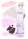  1girl 2017 alternate_costume animal commentary_request egret feathered_wings geta highres japanese_clothes kimono kishin_sagume red_eyes single_wing solo tapir touhou translation_request white_hair wings 
