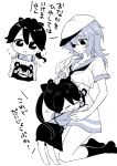  2girls armor bangs black_legwear blush bow chibi commentary_request eyepatch flat_cap flying_sweatdrops hair_between_eyes hair_bow haramaki hat houshou_(kantai_collection) hug japanese_clothes kaga3chi kantai_collection kiso_(kantai_collection) kneehighs kumamon long_hair monochrome multiple_girls neckerchief petting ponytail school_uniform serafuku simple_background smile sweatdrop swept_bangs tasuki translated white_background younger 