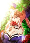 1girl animal_ears artist_name bare_shoulders breasts butterfly choker cleavage fate/grand_order fate_(series) flower flower_request fox_ears highres holding holding_flower large_breasts off_shoulder pink_hair rindo solo tamamo_(fate)_(all) tamamo_no_mae_(fate) yellow_eyes 