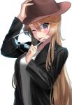  1girl alternate_costume ao_iro black_jacket blazer blonde_hair blue_eyes hat highres holding holding_hat iowa_(kantai_collection) jacket kantai_collection looking_at_viewer solo star star-shaped_pupils sunglasses sunglasses_removed symbol-shaped_pupils tongue tongue_out 