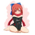  1girl bare_legs bare_shoulders barefoot belt blush bound bound_wrists bow cato_(monocatienus) clothes_writing cosplay crying crying_with_eyes_open embarrassed hair_bow hecatia_lapislazuli hecatia_lapislazuli_(cosplay) looking_at_viewer naked_shirt no_pants off-shoulder_shirt red_eyes red_scarf redhead scarf seiza sekibanki shirt short_hair simple_background sitting solo t-shirt tears touhou trembling v_arms 