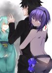  1boy 2girls ? angry aqua_hair ass assassin_(fate/prototype_fragments) bare_back bare_shoulders black_hair butt_crack dark_skin fate/grand_order fate/prototype fate/prototype:_fragments_of_blue_and_silver fate_(series) flower fujimaru_ritsuka_(male) hands_up highres horns hug hug_from_behind japanese_clothes kimono kiyohime_(fate/grand_order) long_hair looking_at_viewer multiple_girls nervous purple_hair scared shaded_face short_hair skin_tight smile spoken_question_mark sweatdrop tanuki_(siutkm0228) violet_eyes 