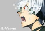  1boy android black_choker blindfold choker copyright_name covered_eye crying crying_with_eyes_open eyebrows_visible_through_hair face grey_background hair_over_one_eye hologram male_focus nier_(series) nier_automata nose open_mouth sad short_hair silver_hair simple_background solo streaming_tears takuroo tears teeth yorha_no.9_type_s 
