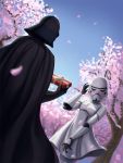  1boy 1girl artist_request blush cherry_blossoms darth_vader gift petals star_wars stormtrooper tree 