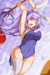  &gt;_&lt; 1girl animal_ears armpits arms_up artist_request bare_shoulders blush bouncing_breasts breasts bunnysuit closed_eyes covered_navel detached_collar erina_(rabi-ribi) highres leotard long_hair mallet motion_blur open_mouth purple_hair rabbit_ears rabi-ribi shoes single_thighhigh solo standing standing_on_one_leg thigh-highs very_long_hair white_legwear 