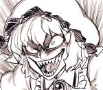  1girl brooch constricted_pupils crazy_eyes crazy_smile greyscale hat jewelry mob_cap monochrome open_mouth puffy_sleeves remilia_scarlet sharp_teeth short_hair sketch solo space_jin teeth touhou 