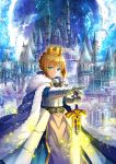  &gt;:( 1girl ahoge armor armored_dress bangs blonde_hair braid castle closed_mouth cowboy_shot crown excalibur fate/grand_order fate_(series) fur_trim gauntlets green_eyes hair_between_eyes highres light_particles looking_at_viewer royal_robe saber scenery serious short_hair solo standing suishougensou 