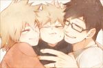  1girl 2boys :d :t ;) arm_over_shoulder bakugou_katsuki bakugou_masaru bakugou_mitsuki black-framed_eyewear black_hair blonde_hair blush boku_no_hero_academia border child eyelashes family father_and_son glasses hand_in_another&#039;s_hair hug husband_and_wife jewelry mother_and_son multiple_boys one_eye_closed open_mouth red_eyes ring sandwiched shirt shoco_(sco_labo) short_hair simple_background smile spiky_hair sweatdrop t-shirt upper_body wedding_band younger 