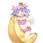  1girl :d animal animal_on_shoulder aqua_eyes banana barefoot bikini bikini_skirt blue_eyes bow crown food frilled_bikini frills fruit inflatable_toy koala lavender_hair looking_at_viewer midriff navel official_art open_mouth outstretched_arm outstretched_hand purple_hair rest_and_vacation short_hair smile solo straddling swimsuit transparent transparent_background two_side_up uchi_no_hime-sama_ga_ichiban_kawaii wet 