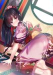  1girl :q all_fours ass barefoot blush calligraphy calligraphy_brush feet floral_print hair_ornament highres ink japanese_clothes kagematsuri kimono long_hair original paintbrush scroll solo tasuki tongue tongue_out violet_eyes 