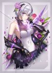  1girl bangs black_gloves breasts cleavage covered_navel elbow_gloves floral_background flower gauntlets gloves hair_between_eyes hair_flower hair_ornament headgear large_breasts leotard looking_at_viewer mecha_musume original parted_lips purple_rose rose see-through sheath sheathed short_hair silver_hair solo sword t-track teeth turtleneck upper_body weapon white_leotard 