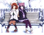  2girls bench black_hair blue_skirt boots brown_boots brown_eyes brown_hair brown_legwear hat hibike!_euphonium kousaka_reina long_hair multiple_girls official_style oumae_kumiko pantyhose park_bench pillow_hat pleated_skirt purple_legwear purple_scarf sbel02 scarf short_hair sitting skirt snow violet_eyes white_boots white_skirt winter_clothes 