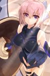  1girl absurdres armor armored_dress bangs black_gloves black_leotard blush breasts closed_mouth cowboy_shot day elbow_gloves eyebrows_visible_through_hair fate/grand_order fate_(series) gloves greaves hair_between_eyes highres holding_shield large_breasts lavender_hair leotard light_rays light_smile looking_at_viewer outdoors shield shielder_(fate/grand_order) short_hair shunichi smile solo thigh_strap violet_eyes 
