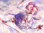  1girl absurdres arm_garter bow buttons choker clouds cloudy_sky collarbone detached_wings feathered_wings frilled_legwear frilled_skirt frills from_side full_body gloves hair_bow highres kaname_madoka light_particles looking_at_viewer mahou_shoujo_madoka_magica open_mouth pink_eyes pink_hair puffy_short_sleeves puffy_sleeves red_bow red_flower red_ribbon red_shoes ribbon shoes short_sleeves sishenfan skirt sky smile solo twintails two_side_up wand white_gloves white_legwear white_wings wings 