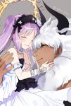  1boy 1girl armlet asterios_(fate/grand_order) bare_shoulders bracelet carrying choker closed_eyes dark_skin dark_skinned_male dress euryale fate/grand_order fate/hollow_ataraxia fate_(series) flower forehead-to-forehead frilled_dress frills hairband halo headdress horns jewelry kana lolita_hairband long_hair necklace purple_hair signature smile twintails twitter_username white_hair 