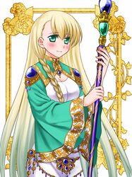  1girl 74 blonde_hair braid cleavage_cutout european_clothes gem jewelry long_hair looking_at_viewer original smile solo staff 