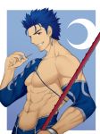  1boy abs biceps blue_background collarbone cowboy_shot crescent cu_chulainn_(fate/grand_order) earrings fate/grand_order fate/stay_night fate_(series) gae_bolg grin holding holding_weapon jewelry jian_biao_dashii_kaede lancer looking_at_viewer male_focus muscle navel pectorals sideburns simple_background smile solo weapon wood 