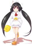  1girl absurdres amano_kouki ascot bird black_hair carrying chick chicken_costume flying_sweatdrops hat highres long_hair looking_at_viewer note-chan original shoes simple_background solo twintails violet_eyes walking white_background 