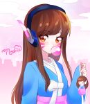  1girl artist_name bangs blush breasts brown_eyes brown_hair bubblegum character_doll cityscape clouds commentary d.va_(overwatch) facepaint facial_mark headphones holding korean_clothes long_hair long_sleeves looking_at_viewer moshie ornament outdoors overwatch pink_sky signature skyline small_breasts solo swept_bangs traditional_clothes upper_body whisker_markings 