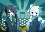  2girls :/ :d ^_^ bangs black_eyes black_hair blue_eyes blue_hair blush closed_eyes closed_mouth eyebrows_visible_through_hair fish_hair_ornament gradient_hair hair_bun hair_ornament hairpin head_tilt highres japanese_clothes kimono long_hair looking_at_viewer mikotsuhime multicolored_hair multiple_girls obi oounabara_to_wadanohara open_mouth outline sash siblings silhouette sisters smile swept_bangs torii twintails uomihime very_long_hair wicky_(wickymew) 