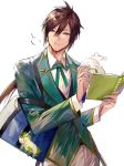  1boy bag baozi book border0715 brown_eyes brown_hair buttons closed_mouth collar collared_jacket collared_shirt eating food green_jacket green_neckwear green_ribbon highres holding holding_book holding_food jacket jiang_wei long_hair long_sleeves looking_at_viewer low_ponytail male_focus neck_ribbon open_book pants ribbon school_uniform shin_sangoku_musou shirt simple_background solo standing white_background white_pants white_shirt 