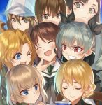  6+girls anchovy bangs black_ribbon blonde_hair blue_eyes blue_sweater blush braid brown_hair cape chair chin_tickle closed_eyes cup darjeeling dress_shirt drill_hair frown girls_und_panzer green_hair green_jacket grin hair_between_eyes hair_ribbon hat head_tilt height_difference jacket kabocha katyusha kay_(girls_und_panzer) light_brown_hair light_smile long_hair long_sleeves looking_at_another looking_at_viewer mika_(girls_und_panzer) multiple_girls nishi_kinuyo nishizumi_maho nishizumi_miho one_eye_closed open_mouth parted_bangs portrait pout red_eyes ribbon riding_crop school_uniform shirt short_hair sitting smile sweater teacup tied_hair twin_braids twin_drills twintails v-neck wavy_hair white_shirt 