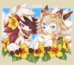  animal_ears blue_eyes dog_ears flower hibiscus leaf lycanroc no_humans open_mouth pokemon pokemon_(creature) pokemon_(game) pokemon_sm red_eyes teeth tongue 