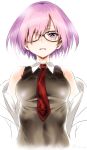  1girl bare_shoulders black-framed_eyewear blush fate/grand_order fate_(series) glasses hair_over_one_eye highres inu_(aerodog) jacket looking_at_viewer necktie one_eye_covered open_clothes open_jacket purple_hair shielder_(fate/grand_order) shirt short_hair sleeveless sleeveless_shirt solo twitter_username violet_eyes white_background 
