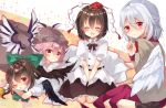  4girls angel_wings animal_ears arm_cannon bird_wings black_hair black_ribbon black_skirt black_wings blush bow brown_jacket closed_eyes collared_shirt covering covering_crotch crossed_arms feathered_wings frilled_skirt frills hair_bow hat highres jacket kishin_sagume long_hair looking_at_viewer lying lying_on_person multiple_girls mystia_lorelei on_stomach one_eye_closed open_mouth pink_hair pom_pom_(clothes) puffy_short_sleeves puffy_sleeves purple_skirt red_eyes reiuji_utsuho ribbon shameimaru_aya shio_(shiojojo1) shirt short_hair short_sleeves silver_hair single_wing sitting skirt smile tokin_hat touhou wariza weapon white_hair white_shirt white_wings wings 
