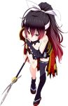  1girl asymmetrical_legwear black_hair bridal_gauntlets covering covering_breasts full_body gradient_hair headband high_ponytail holding holding_weapon leaning_forward long_hair multicolored_hair polearm red_eyes redhead ribbon-trimmed_legwear ribbon_trim sandals solo spear torn_clothes weapon 