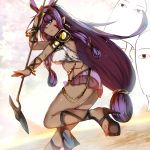  1girl ankle_lace-up ass bracelet breasts cross-laced_footwear dark_skin facial_mark fate/grand_order fate_(series) feet high_heels jewelry long_hair low-tied_long_hair nagatsuki_take nitocris_(fate/grand_order) no_socks pauldrons profile purple_hair staff toes under_boob very_long_hair violet_eyes 