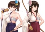  2girls akagi_(kantai_collection) bow_(weapon) breasts brown_eyes brown_hair cleavage fukuroumori gloves hair_ornament japanese_clothes kaga_(kantai_collection) kantai_collection long_hair looking_at_viewer multiple_girls one_eye_closed partly_fingerless_gloves rising_sun sarashi short_hair side_ponytail single_glove sunburst weapon white_background yugake 